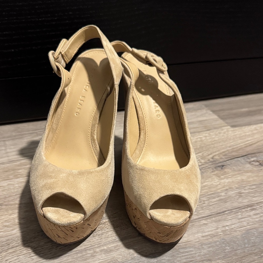 Veronica Beard Beige Peep-Toe Platform Heels